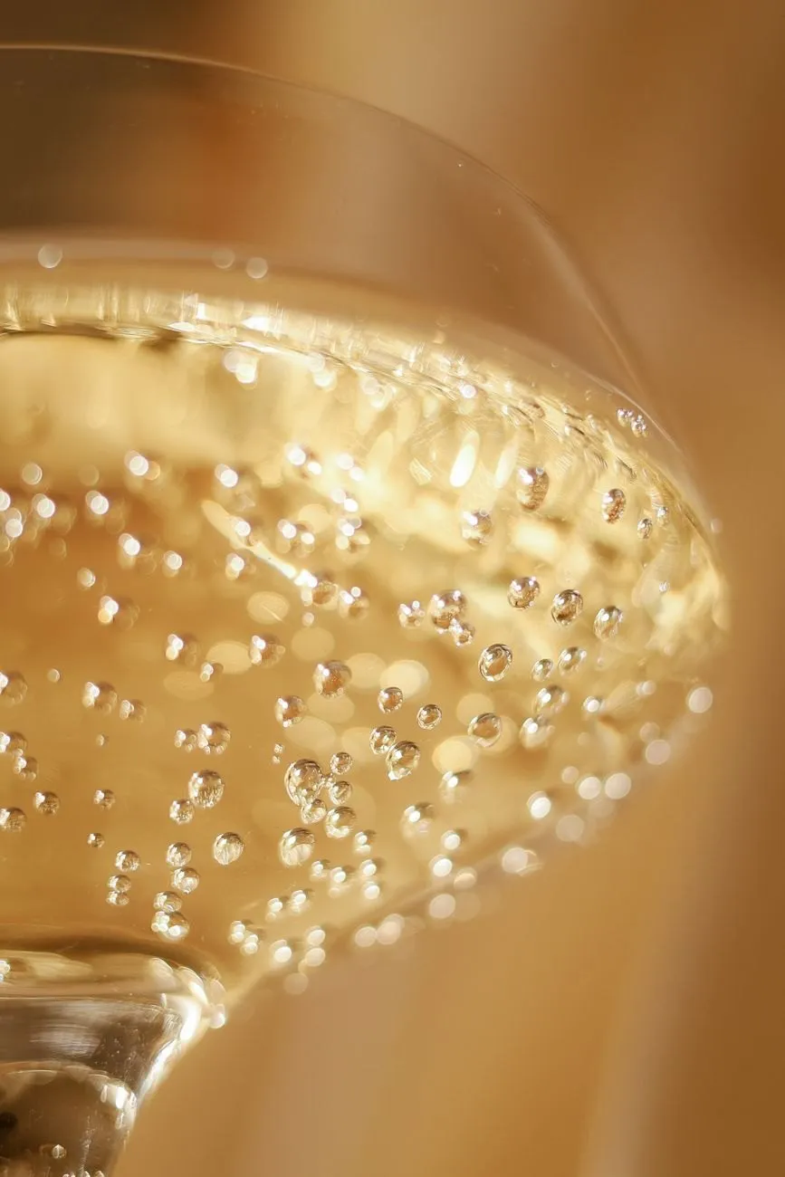 A glass of pale gold sparkling wine with a fine bead of bubbles
